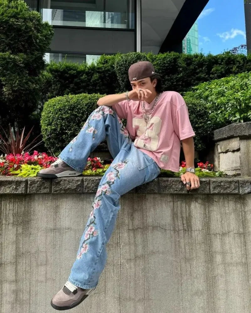Y2K mens Harajuku cherry blossom print pattern jeans hiphop retro gothic casual wide leg pants 241010