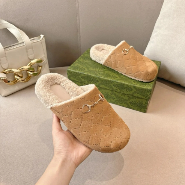 Designer Shoes fashion Women Horsebit Mule luxury suede wool Men Baotou slippers Wool Slippers Size 36-46