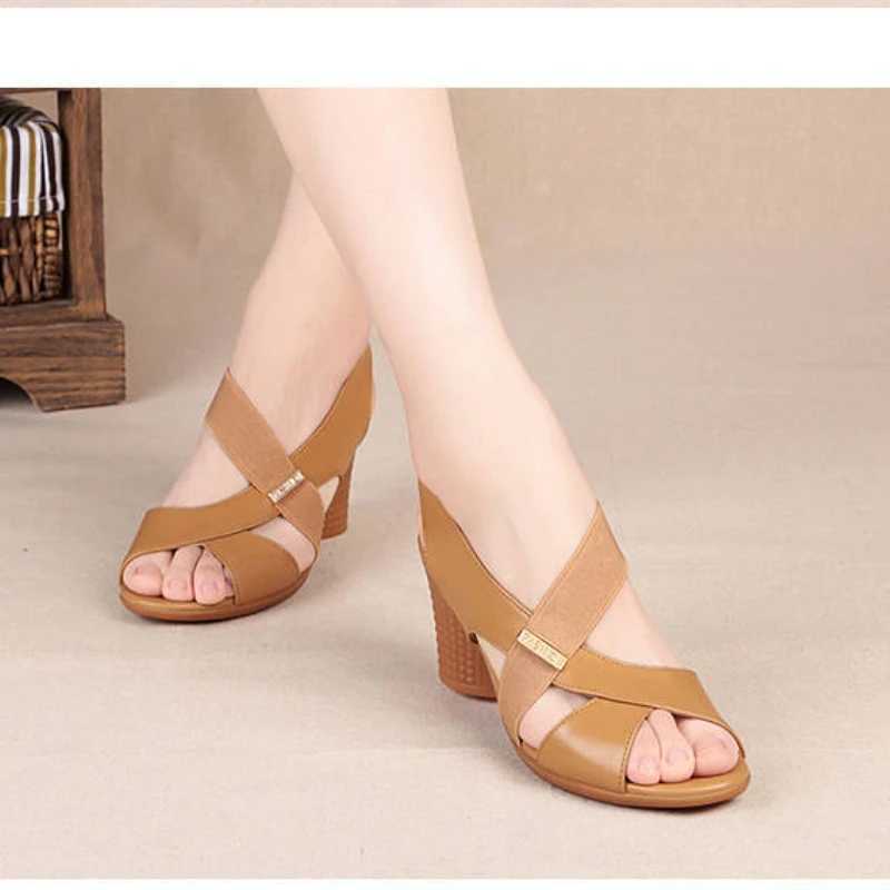 2024 New Womens Sandals Summer Comfortable High Heels Thick High Heels Leather Toe Non slip Soft Bottom Mother Shoes Slide Up Y241014