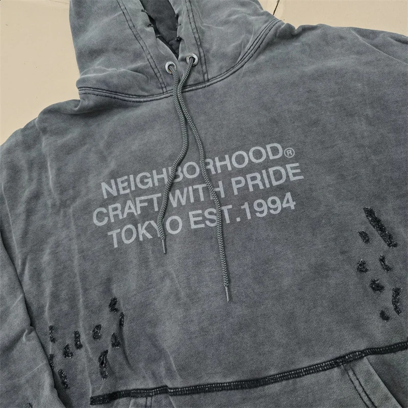 High quality retro washed ink splattered NBHD hoodie with Hole Damage loose and casual neighborhood sweatshirt 241015