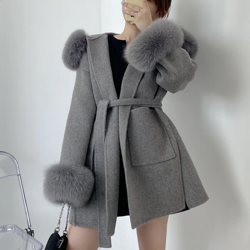 size womens coat genuine leather coat winter jacket womens natural fox fur collar cuffs hood cashmere wool 241015