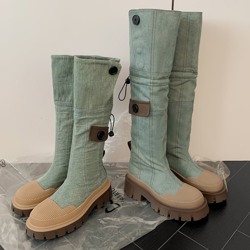 ddmytiger outdoor Knee high Women's New High Quality Denim Street Leisure Round Head Elevated Thick Bottom Modern Boots A ddmythur