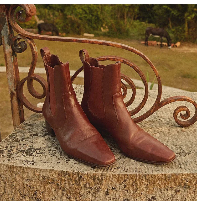 Winter Black Leather Botas Red Elastic Strap Ankle Boots Round Toe Women Shoes Slip-On Chunky Heels Zapatillas De Mujer Autumn 241010