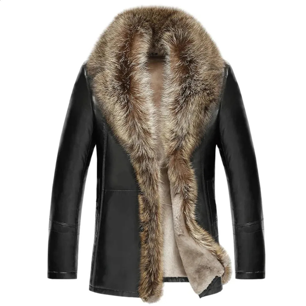 Mens Leather Jacket with Real Raccoon Fur Collar Winter Thicken Coat Jaqueta De Couro Chaqueta Men PU Leather 241007