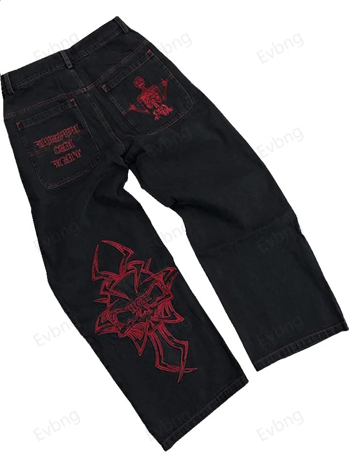 Hip Hop Y2K mens retro skull embroidery womens denim pants straight casual loose wide leg Trouser streetwear 240930