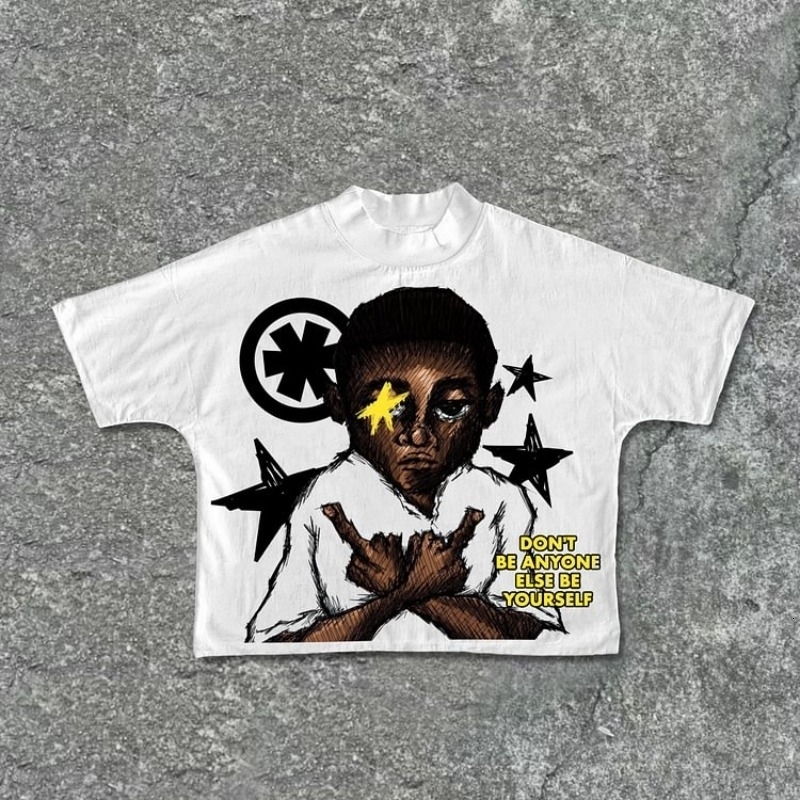 Street Be Yourself Draft Style Graphic Cropped T-Shirts Men Y2K Summer Short Sleeves Oversize Tshirt Streetwear Women Tops 241014