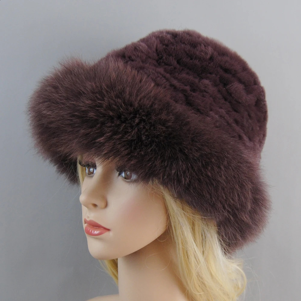 Style Knitted Real Genuine Fox Fur Hats Women Beanies Solid Rex Rabbit Fur Caps Winter Lady Fashion Fur Skullies Hat 241009