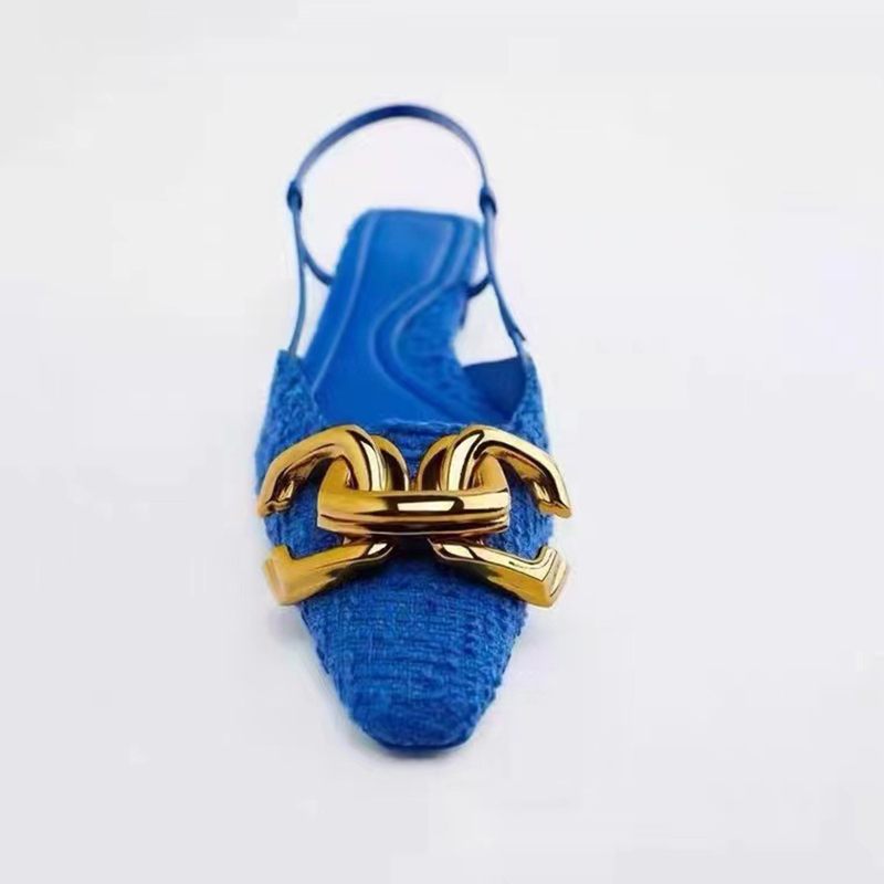 2023 Newest Summer Women Flats Metal Chain Platform Sandals Stripper Low Heels Blue Luxury Designer Mules Sandles Replica Shoes