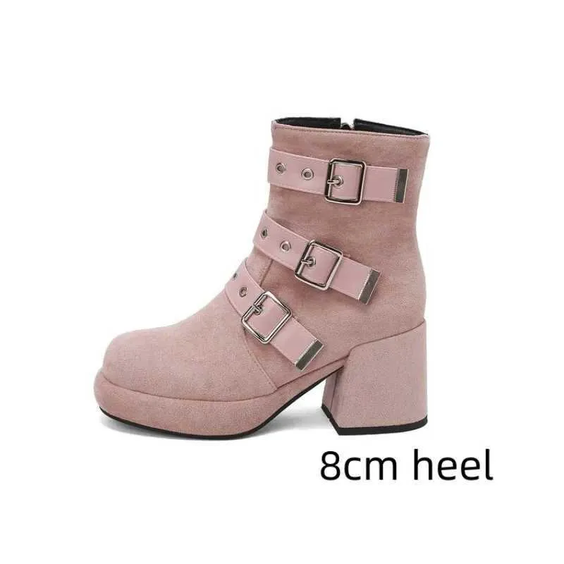 Women Designer Ck Chunky Heels Multi Buckle Round Toe Platform High-Heeled Pink Brown Gothic Motorcycle Boots M240912