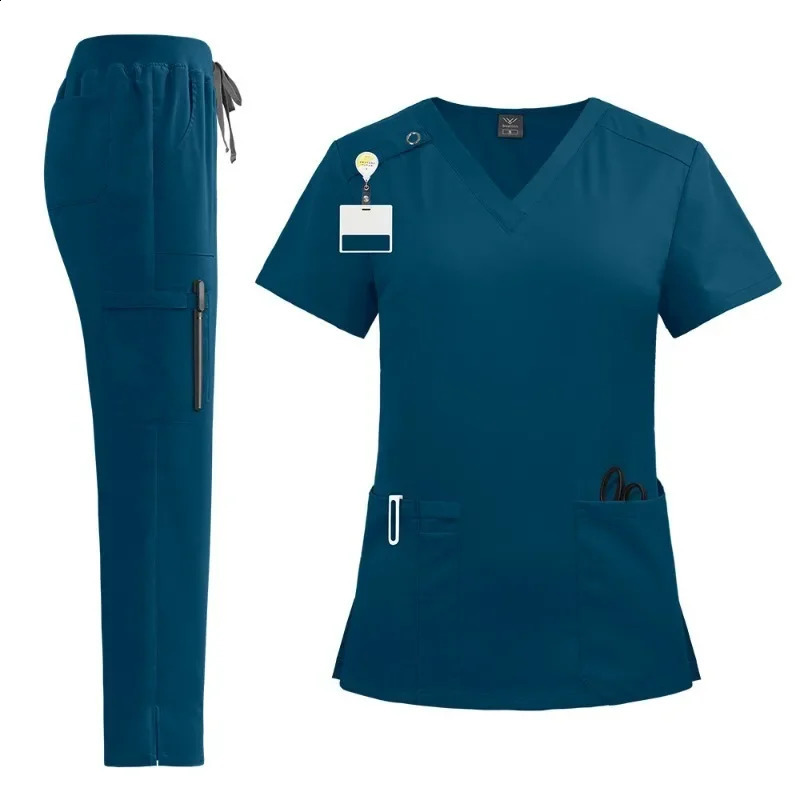 High-quality Nursing Scrubs Uniform Suit Short Sleeve V-neck TopsPants Sets Women Multicolor Pet Workwear Nurse 241014