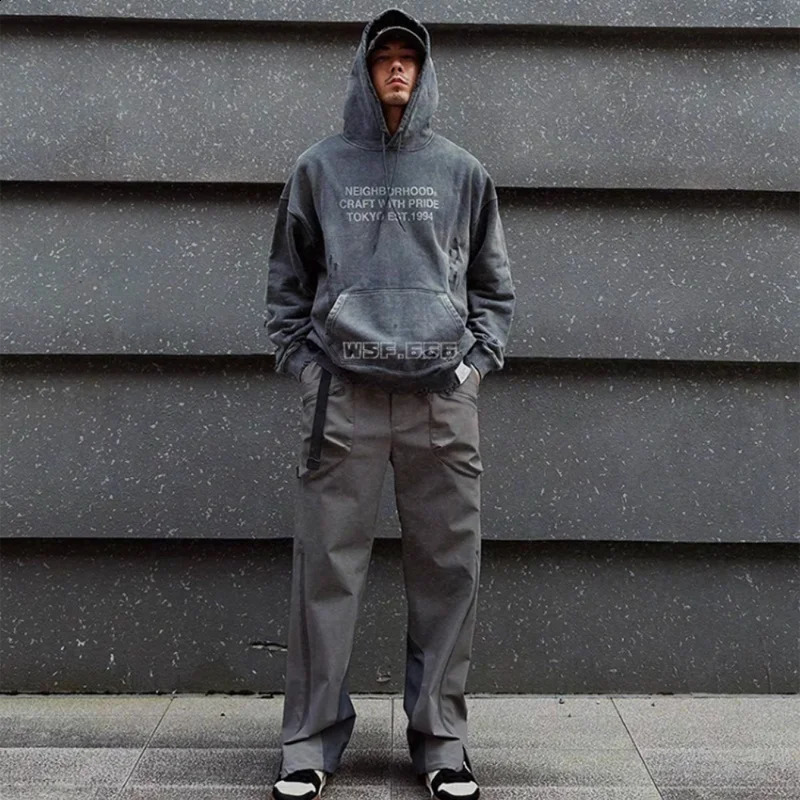 High quality retro washed ink splattered NBHD hoodie with Hole Damage loose and casual neighborhood sweatshirt 241015