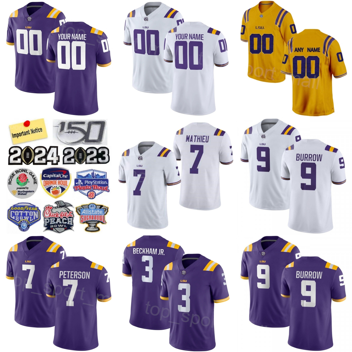 University Football LSU Tigers 9 Joe Burrow Jerseys College 3 Odell Beckham Jr 7 Tryann Mathieu 7 Patrick Peterson 7 Leonard Fournette Purple White Women Child Mans