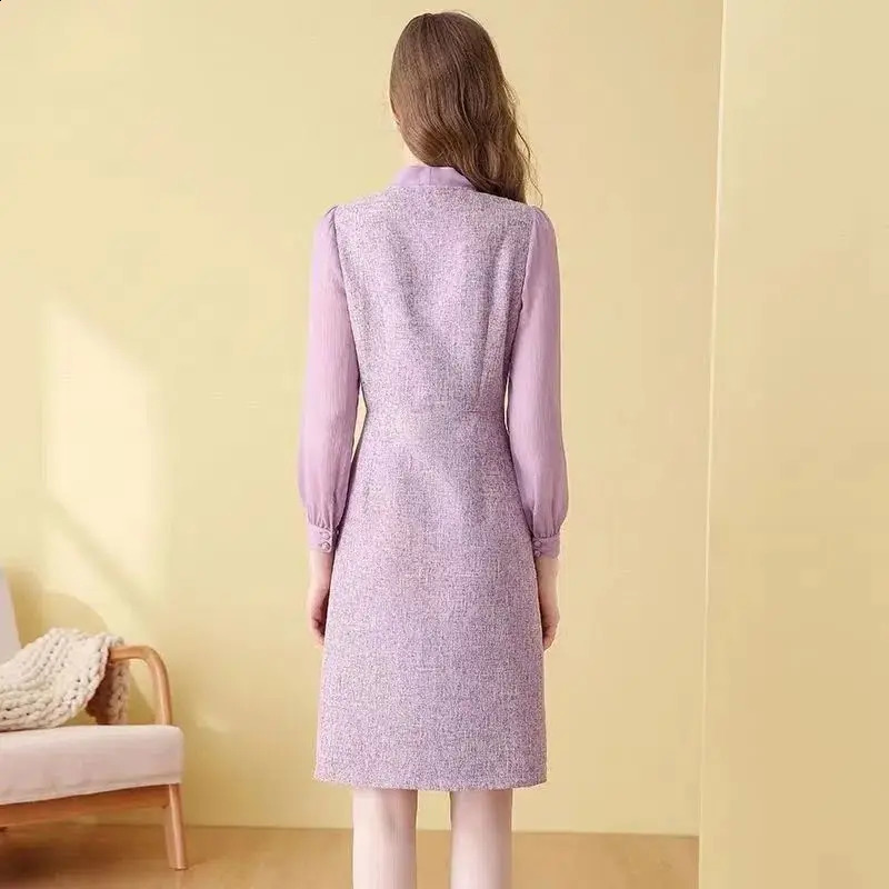 EVNISI Womens Elegant Purple Coarse Felt Dress Scarf Collar Casual Slimming Office A-line Dress Fairy Party Vestido Autumn 241010