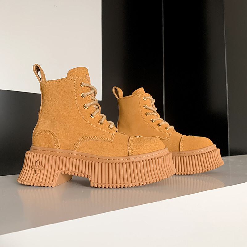 ddmytiger outdoor Short Women New High Quality Suede Round Head Lace up Thick Sole Street Modern Yellow Ankle Boots A ddmythur