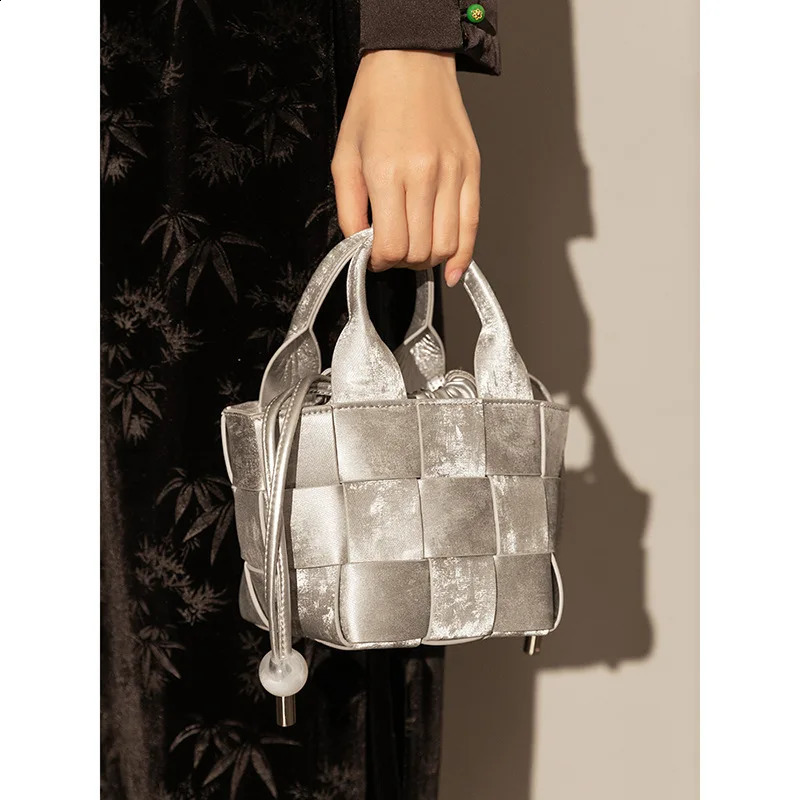Chinese style bucket silver vegetable basket womens bag single shoulder cross body handbag 241014