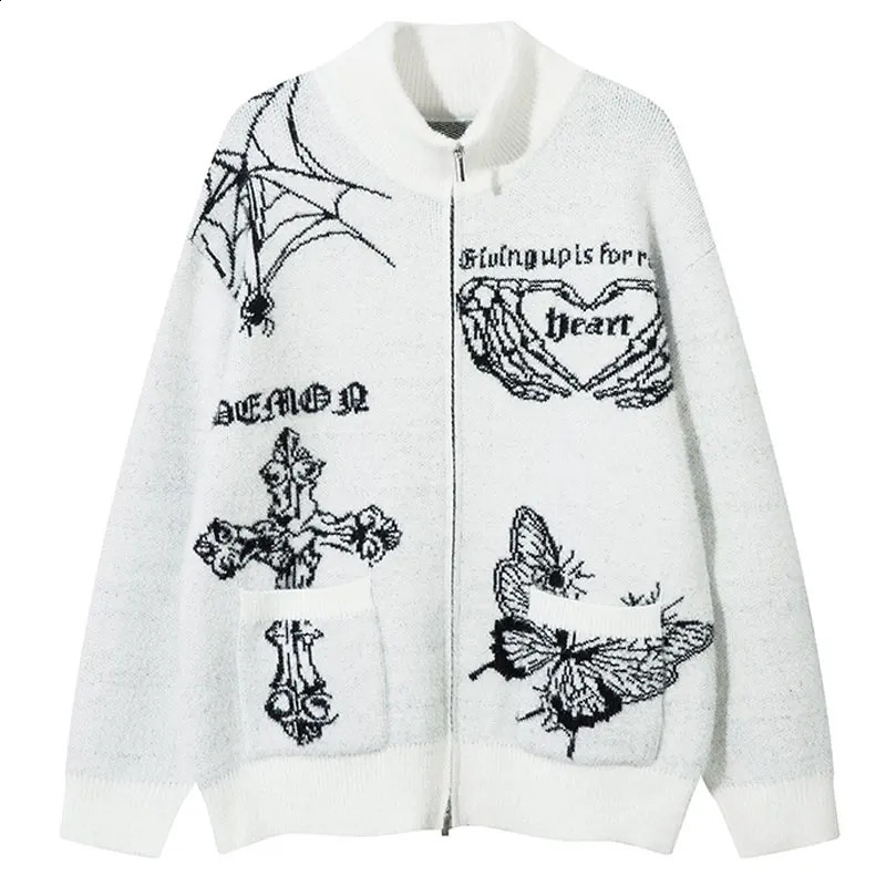 Vintage oversized sweater cardigan wool sweater Y2K knitted butterfly double zipper skydiver streetwear hip-hop punk loose sweater jacket 241007