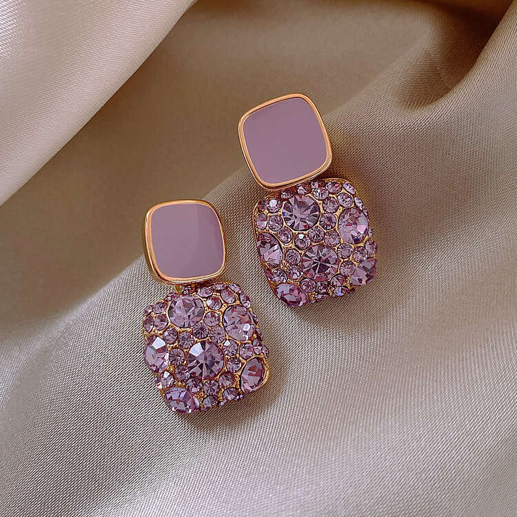 Retro purple square full diamond dripping oil earrings 2024 new trendy temperament internet famous earrings for women high-end designer gift party fre