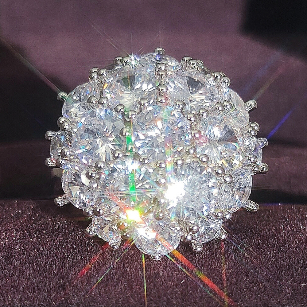 Women's Luxury Ring 925 Sterling Silver Flower Full Diamond Ring Shiny White Crystal Ring Zircon Cluster Ring Wedding Jewelry Birthday Gift