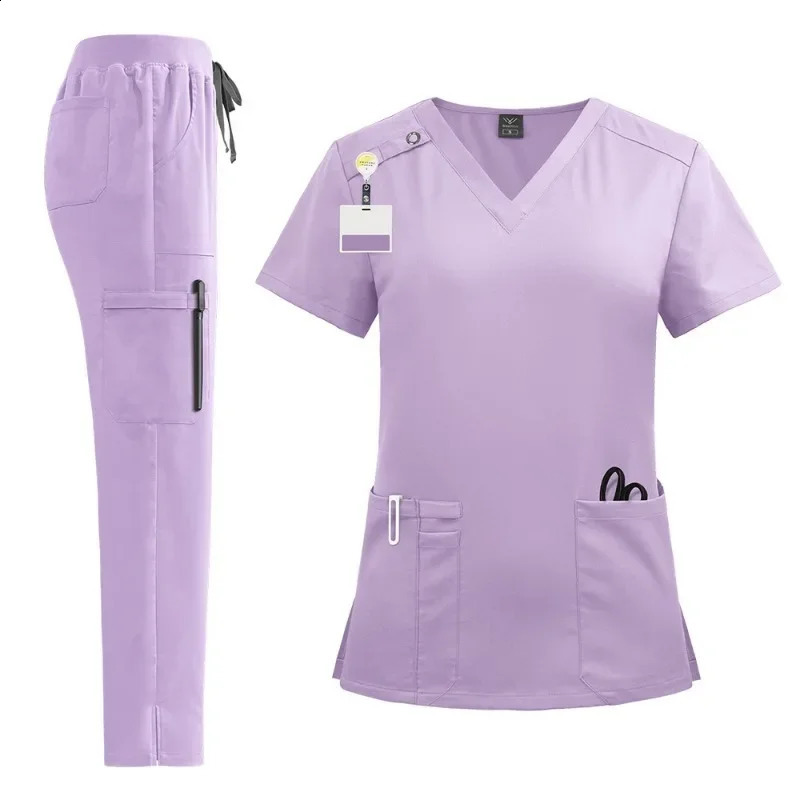 High-quality Nursing Scrubs Uniform Suit Short Sleeve V-neck TopsPants Sets Women Multicolor Pet Workwear Nurse 241014
