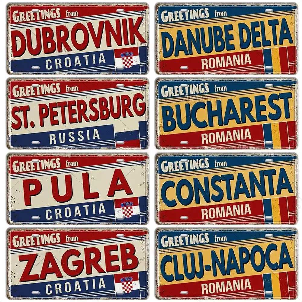 Romania Hungary Slavic Croatia Estonia Latvia Ukraine Russia Lithuania License Plate Landmark Metal Sign City Plaque Wall DecorXJ241010