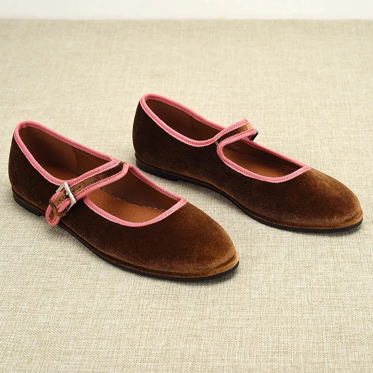 Spanish style Round Toe Womens Veet Flats Fashion Mary Jane Women Shoes Green Blue Brown 240705 241121