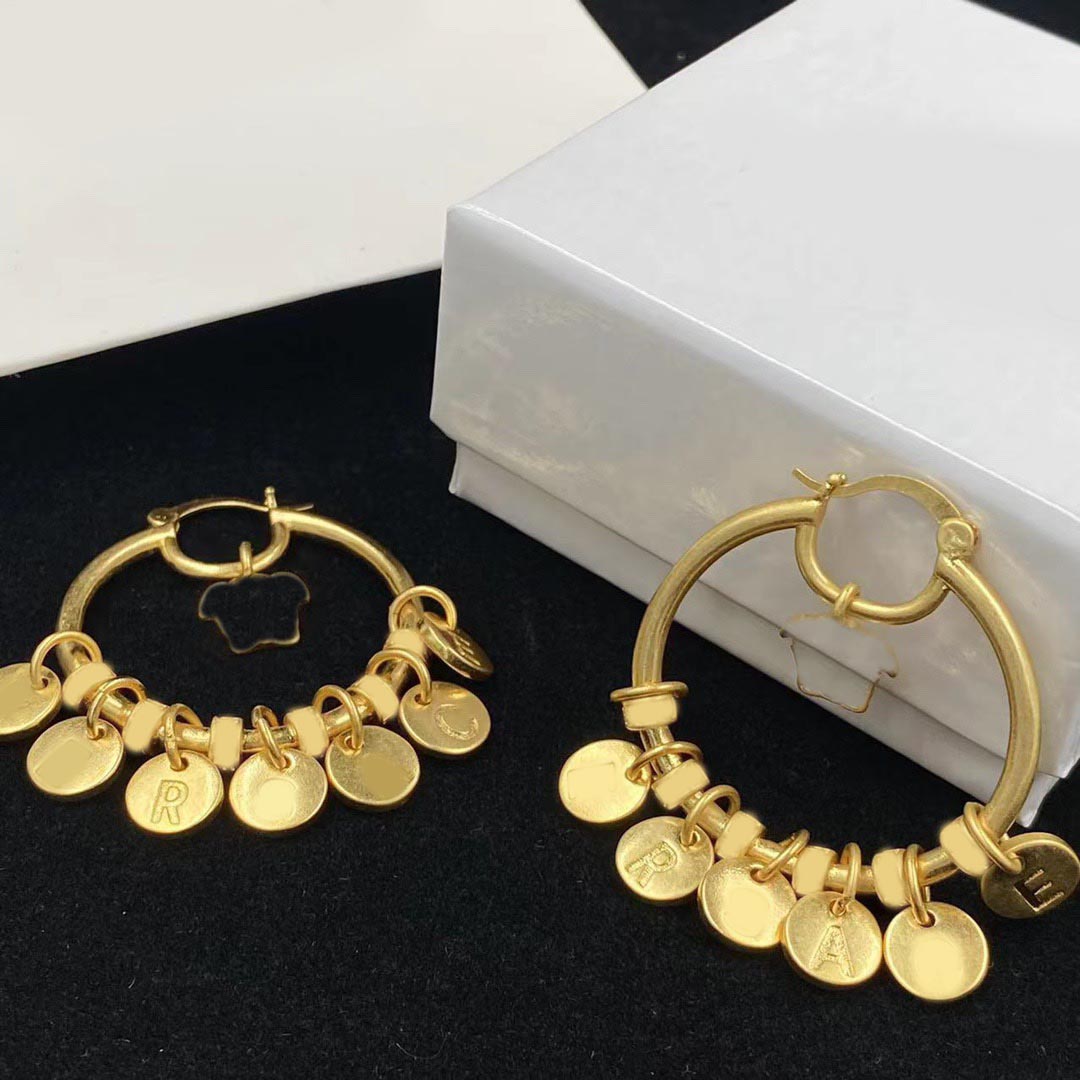 earrings designer Vintage beauty portrait logo Geometric circle Alphabet pendant earrings Hoop Huggie, brass tassel lion portrait exaggerated shape, women's