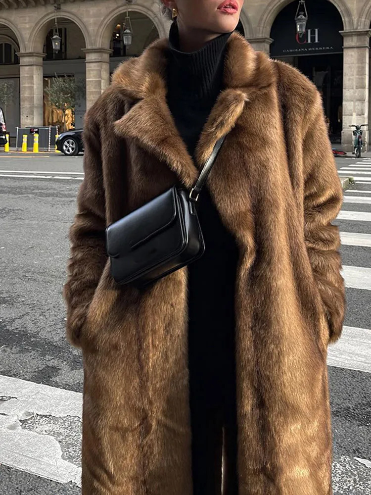 Brown thick faux fur coat womens fashionable oversized long sleeved lapel coat winter elegant street coat 241015