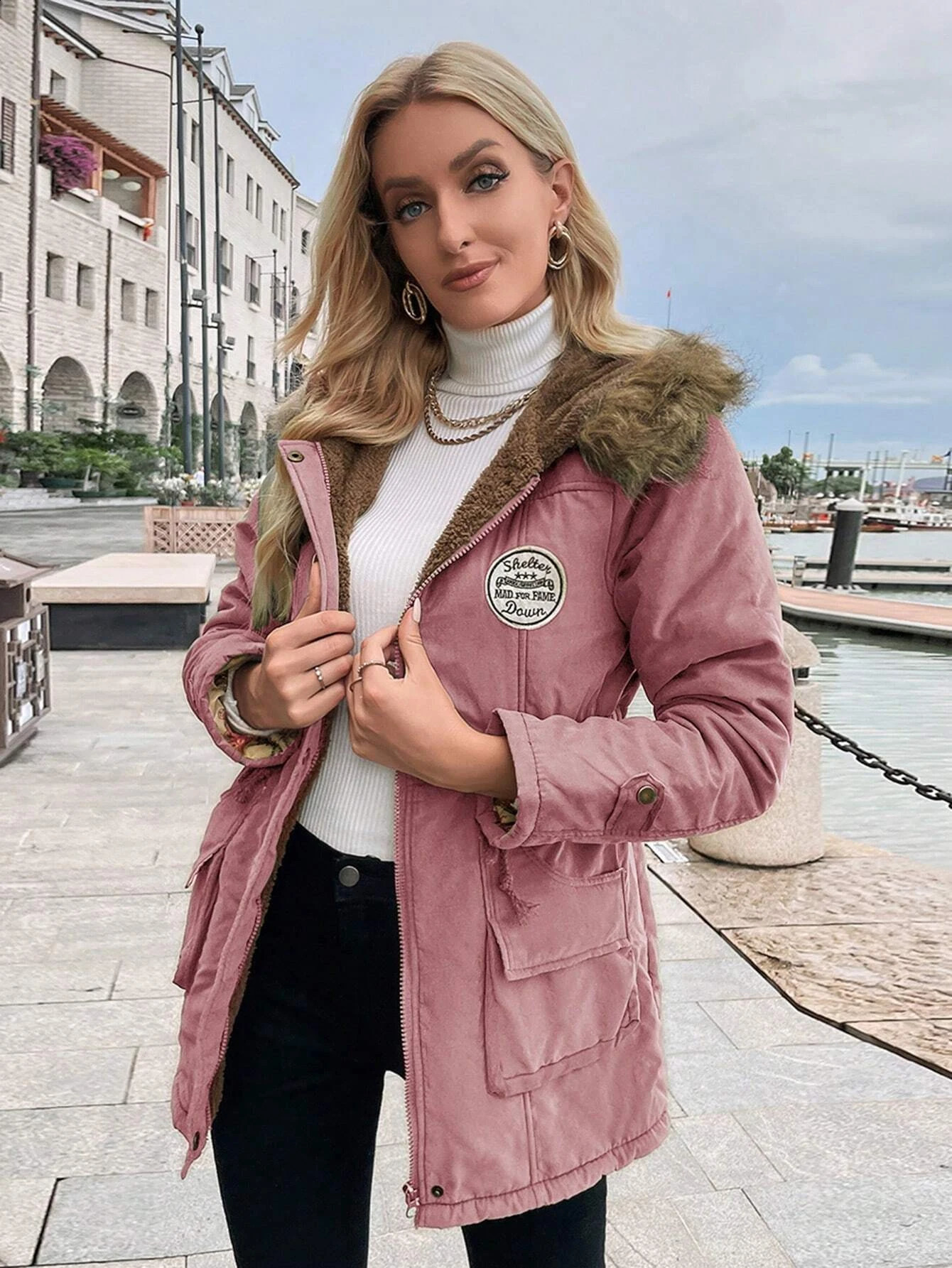 Woman Winter Padded Coat Jacket Waist Drawstring Wool Liner Hooded Fur Collar Warm Loose Fashion Parka Clothes 241011