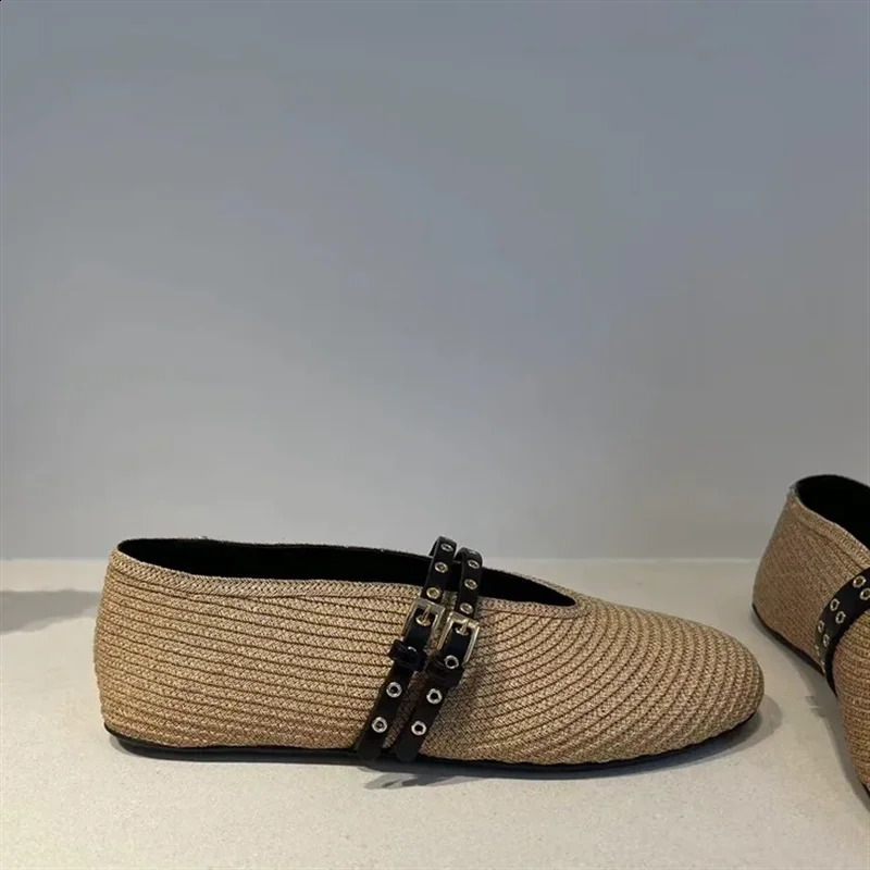 Handmade Knitted Buckle Womens Ballet Flat Shoes Solid Color Casual Mary Jens Breathable Round Laces