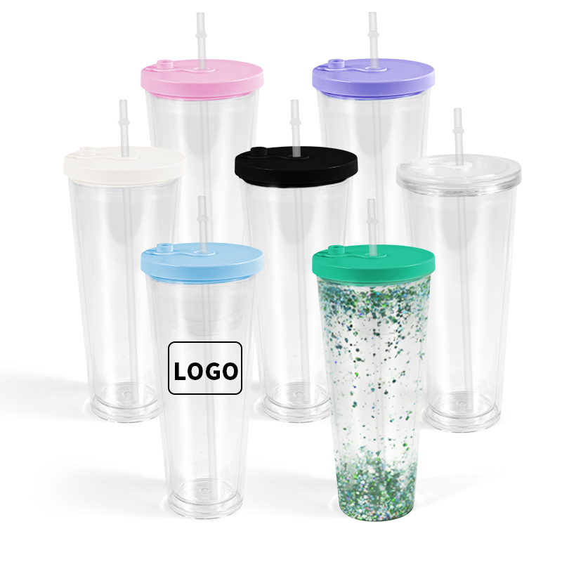 Pre-drilled 12oz 16oz 24oz Acrylic Tumblers with Colored sealing lid and Straws Snow Globe Tumbler Double Wall Clear Plastic Tumblers with hole and pl