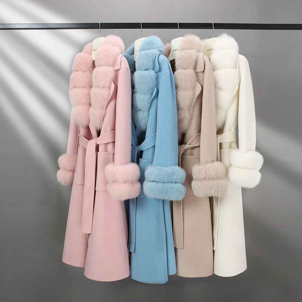 Womens Long Wool Coat Winter Long Hair Leather Jacket Detachable Fluffy Autumn Fox Fur Gough Womens Coat S3565 241015