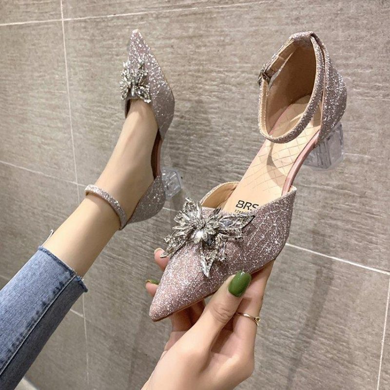 Sandals for Women Party and Weddings Footwear with Medium Heels Ladies Shoes Silver Summer 2024 Pointed Toe Diamond Rhinestones