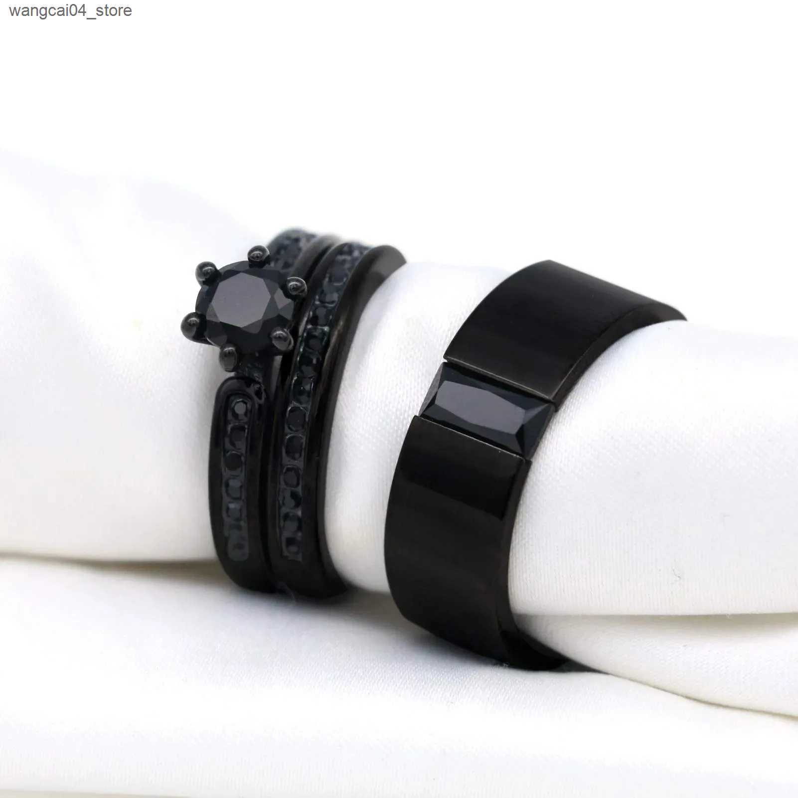 Couple Rings Fashion couple ring womens black Rhinestone zirconia ring set mens stainless steel zirconia ring wedding ring jewelry gift L240910