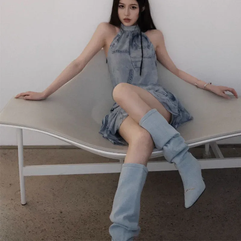 Winter Women Denim Long Fashion Pointed Toe Ladies Elegant Knee Boots Thin High Heel Knigh Boot NOXYZ16 241121