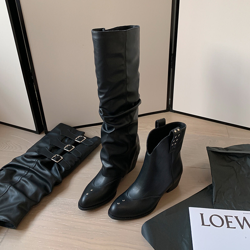 ddmytiger outdoor Knee length Women's New Quality Genuine Round Head Detachable High Heel Leather Ankle Boots A ddmythur