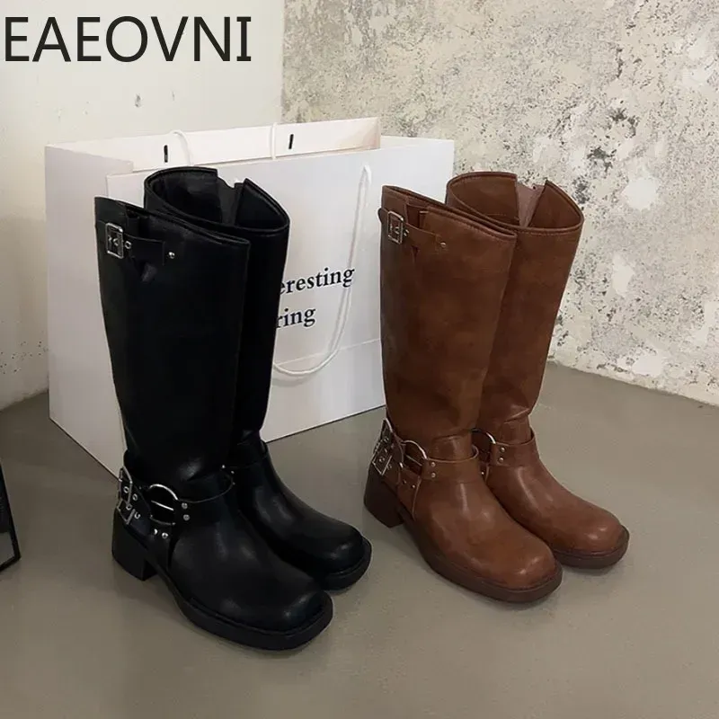 Womens Knee High Boots Women Fashion Slip On Ladies Low Heel Knight Boot 2023 New Autumn Winter Women's Biker Booties