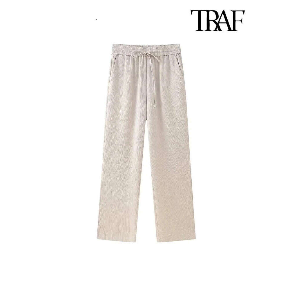 Traf-Women's Double-Breasted Loose Blazer Coat And High Elastic Waist Wide Leg Pants, Female Two Piece Sets, Fashion