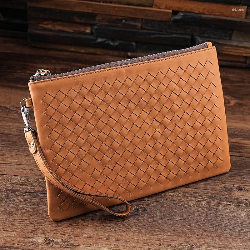 Clutch Bags Handmade Woven Pattern Leather Men's Bag Business And Women's Wrist Large Capacity IPad Wallet