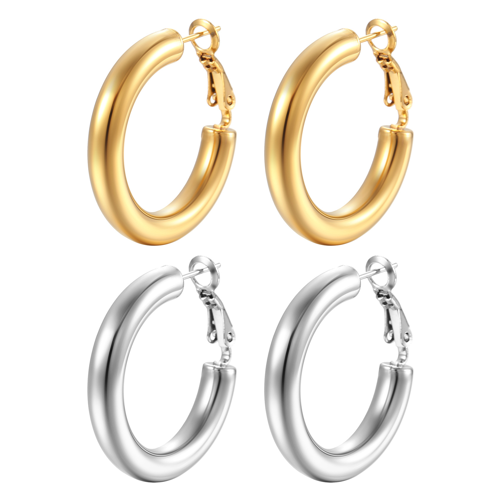 18K Gold Plated Stainless Steel Hoop Earrings for Women Circle Huggie Earrings Jewelry 18K Gold Silver Plated Clip on Round Earrings Ladies Wedding Je