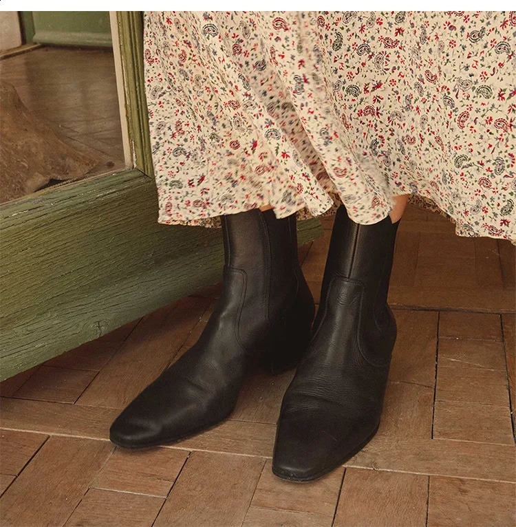 Winter Black Leather Botas Red Elastic Strap Ankle Boots Round Toe Women Shoes Slip-On Chunky Heels Zapatillas De Mujer Autumn 241010