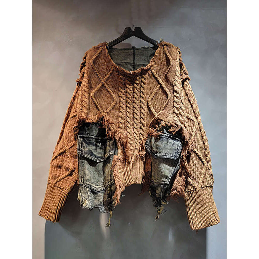 DEAT Women's Pullover Long Sleeve Irregular Do Old Patchwork Pockets Vintage Washed Denim Sweater2024 Autumn New Fashion 29L8195