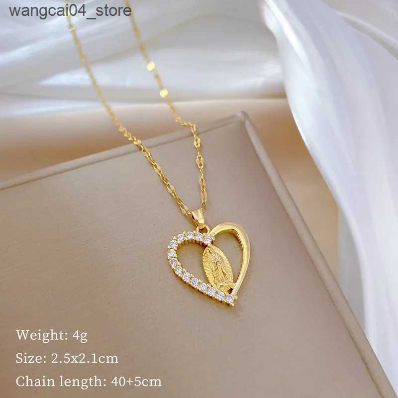 Pendant Necklaces Stainless Steel Crystal Heart Virgin Mary Necklace for Women Amulet Gold Plated Necklace Religious Jewelry Our Lady of Aparecida L24 - view 6
