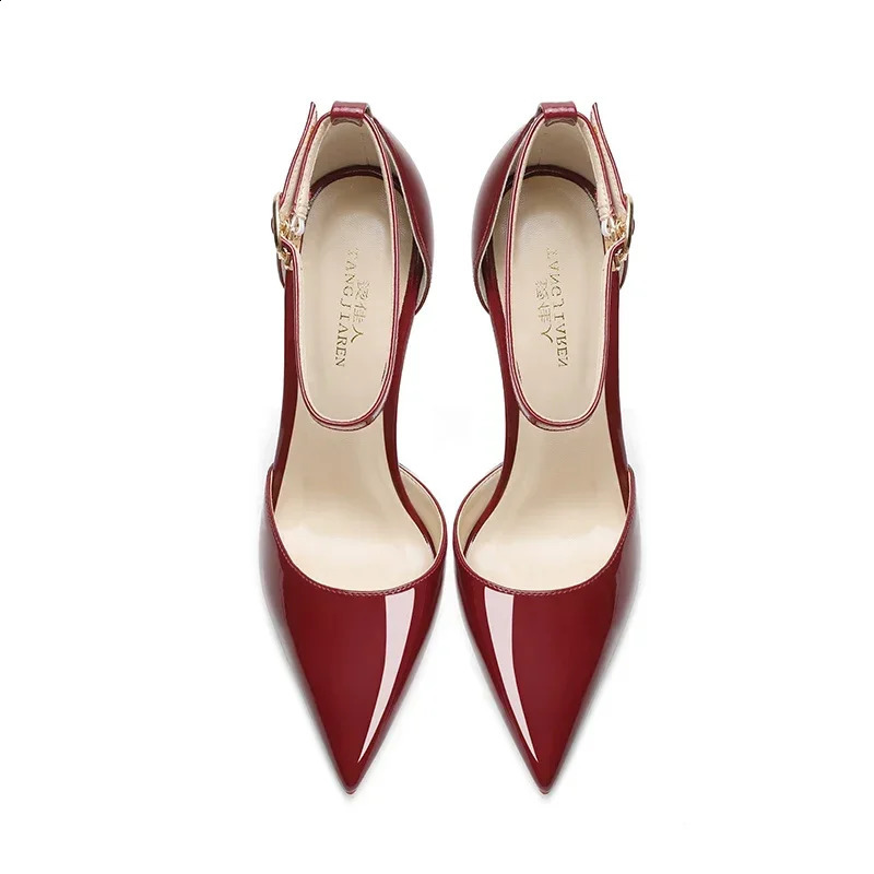 Wine Red High Heels Womens Thin Heels One Line Buckle Baotou Sandals Sexy and Temperament Pointed Hollow Single Shoes 241010