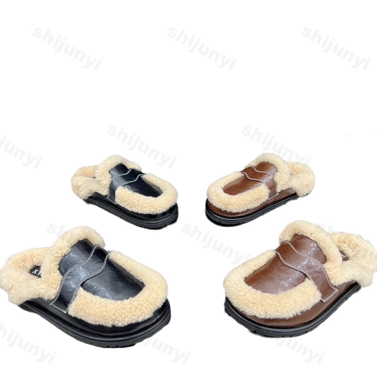 Flats Platform Cotton Slippers Women Fur Mules 2024 Winter New Plush Warm Slides Trend Soft Leather Cozy Casual Shoes