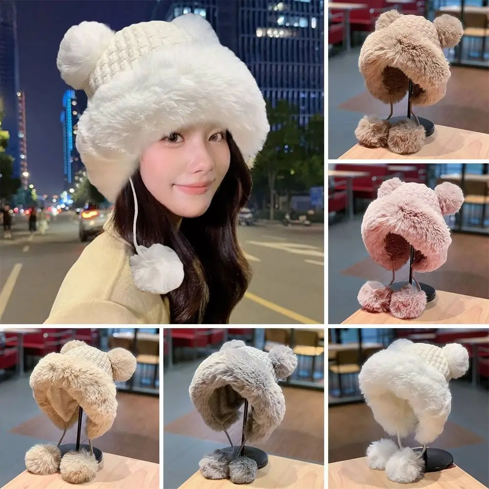 Women Winter Warm Kawaii Fox Fur Mink Plush Hat Thickened Cute Bear Ear Japanese Bomber Hat Ear Protection Cosplay Cap 241014