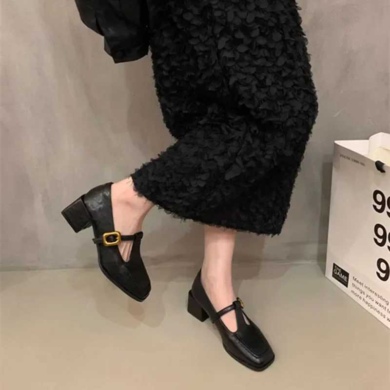 2024 New Womens Pump Mary Janes Short and Fat High Heels Office Clothes Brown and Black Womens Shoes Fashion Shoes Y241014