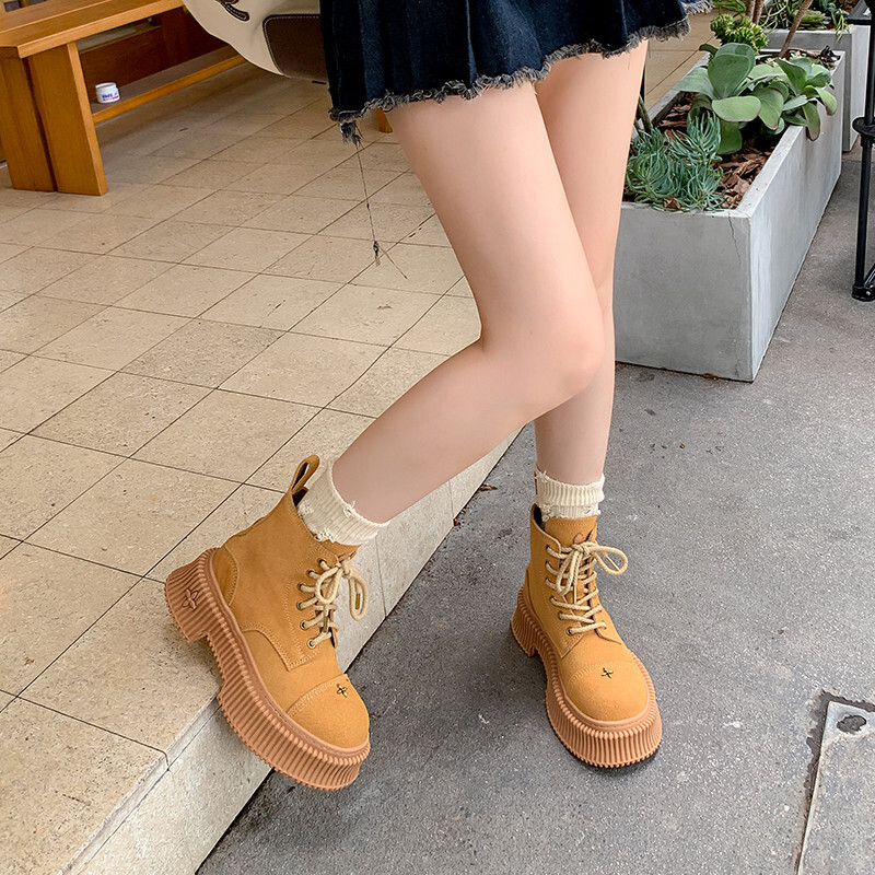 ddmytiger outdoor Short Women New High Quality Suede Round Head Lace up Thick Sole Street Modern Yellow Ankle Boots A ddmythur