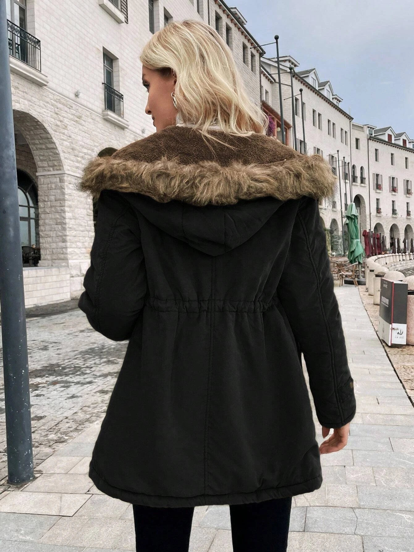 Woman Winter Padded Coat Jacket Waist Drawstring Wool Liner Hooded Fur Collar Warm Loose Fashion Parka Clothes 241011