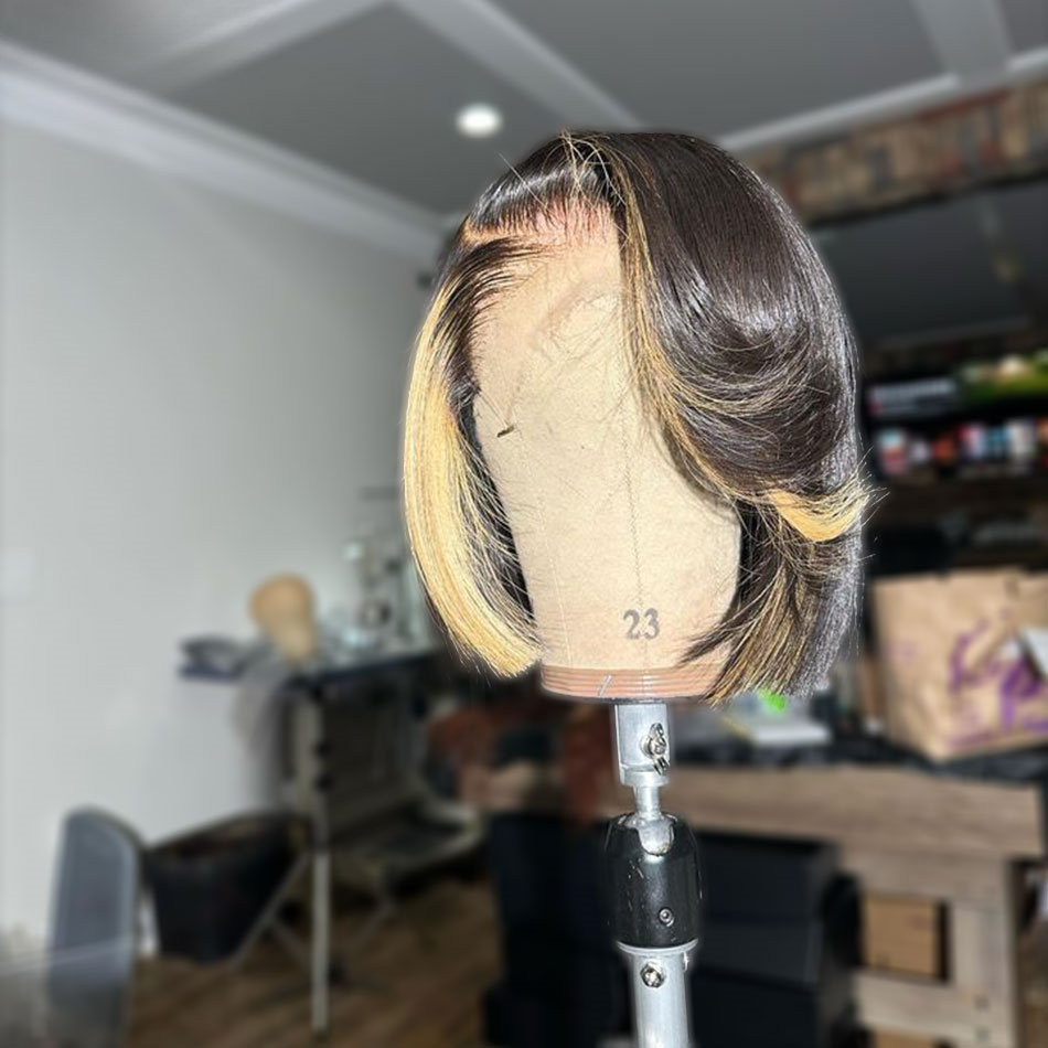 Free shipping 180% Density Highlight Honey Blonde Brown Straight Short Human Hair Pre Plucked 13x4 Bob Transparent Lace Frontal Wigs