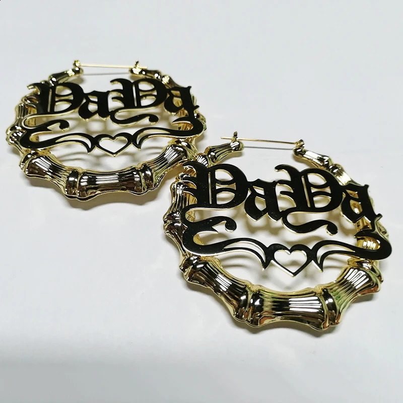 Atoztide Stainless Steel Large Hoop Earrings for Women Gold Color Hollow Customize Name Bamboo Style Circle Earring Jewelry Gift 241014